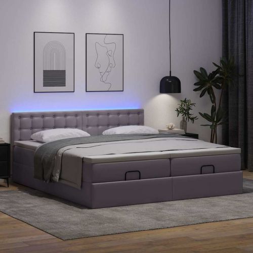 Османска легло с матраци&LED, сиво, 160x200 см, изкуствена кожа
