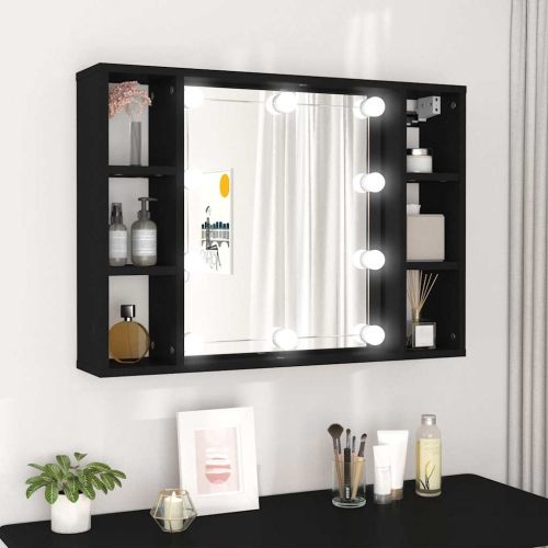 Огледален шкаф с LED, черен, 76x15x55 см