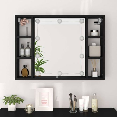 Огледален шкаф с LED, черен, 76x15x55 см