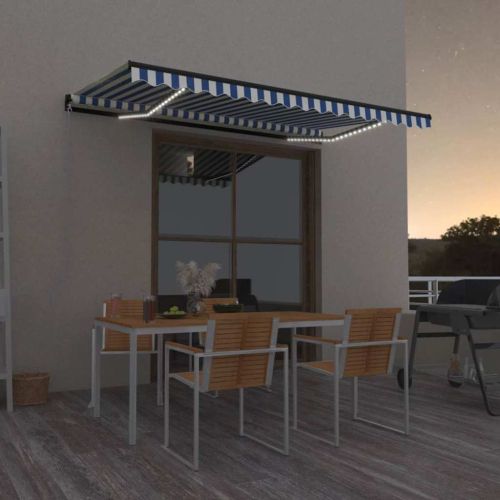 Ръчно прибиращ се сенник с LED, 450x350 см, синьо и бяло