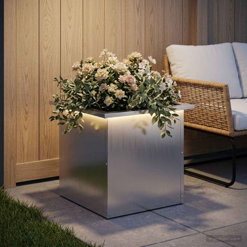 Градинска кашпа с LED осветление Сребристо 40 x 40 x 40 cm