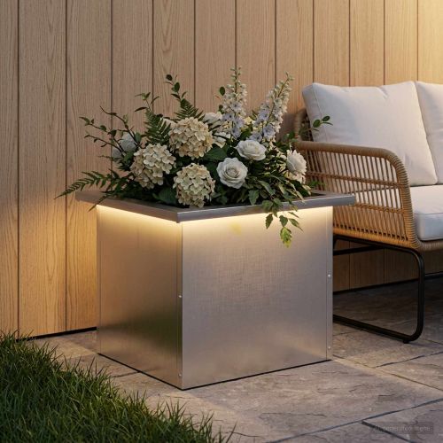 Градинска кашпа с LED осветление Сребристо 30 × 40 × 30 см