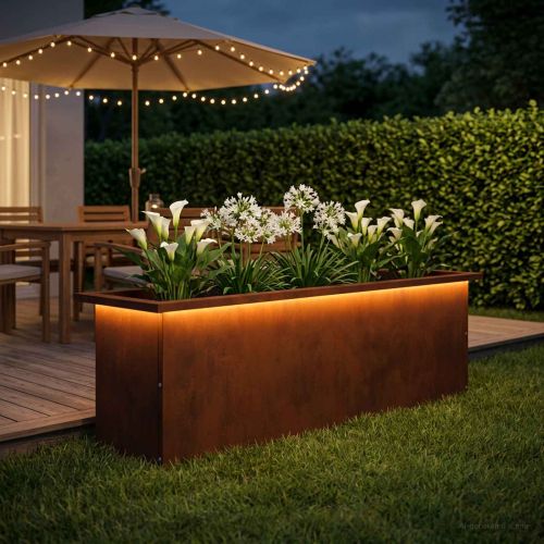 Градинска кашпа с LED осветление Ръждясало 30 × 100 × 30 см