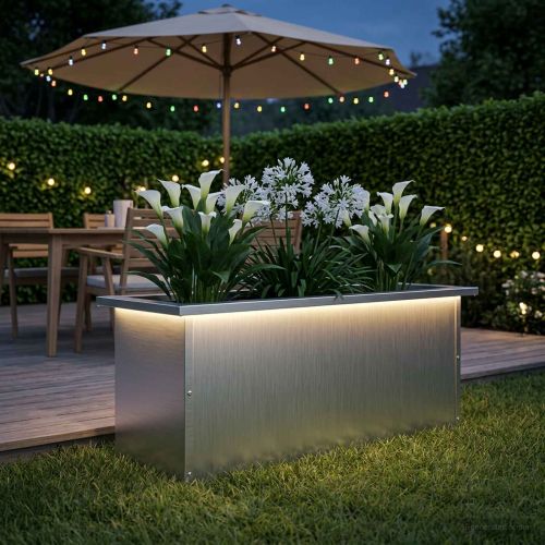 Градинска кашпа с LED осветление Бяло 30 x 80 x 30 см Стомана