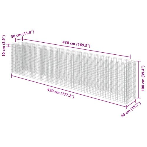 Габион повдигната леха, поцинкована стомана, 450x50x100 cм