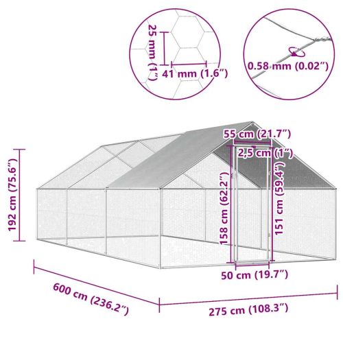 Птичарник на открито, 2,75x6x1,92 м, поцинкована стомана