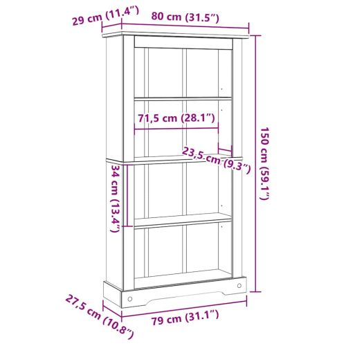 Библиотека с 4 рафта мексикански бор стил Корона 80x29x150 cм