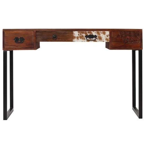 Бюро, акациево дърво масив и естествена кожа, 117x50x76 cм
