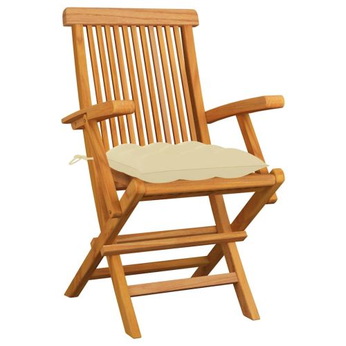 Сгъваеми столове с кремаво бели възглавници, 3 бр., масивно тиково дърво