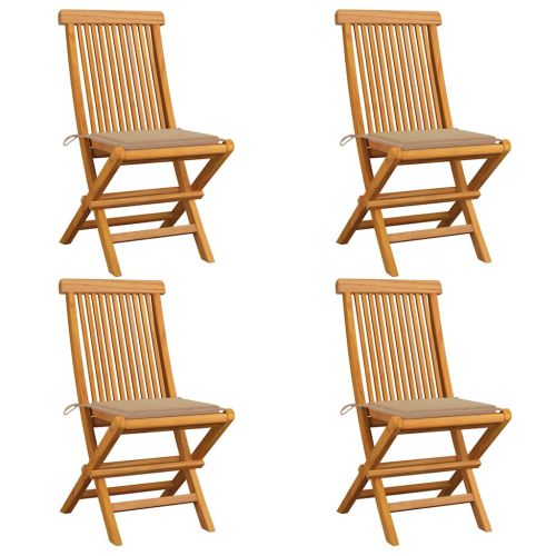 Сгъваеми столове с бежови възглавници, 4 бр., масивно тиково дърво
