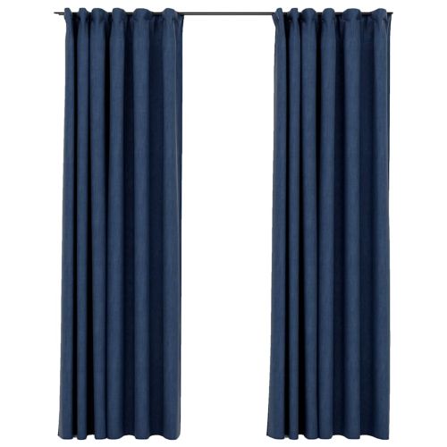 Затъмняващи завеси с куки имитация лен 2 бр сини 140x245 см