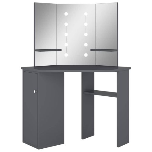 Ъглова тоалетка с LED, сива, 111x54x141,5 см