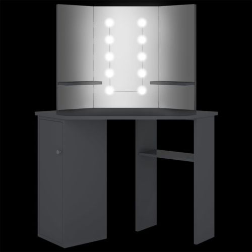 Ъглова тоалетка с LED, сива, 111x54x141,5 см
