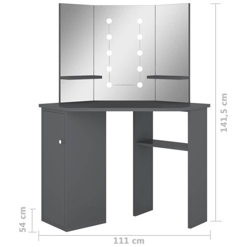 Ъглова тоалетка с LED, сива, 111x54x141,5 см