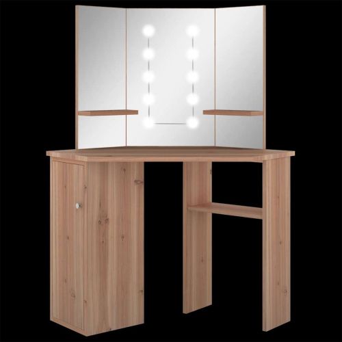 Ъглова тоалетка с LED, дъб, 111x54x141,5 см