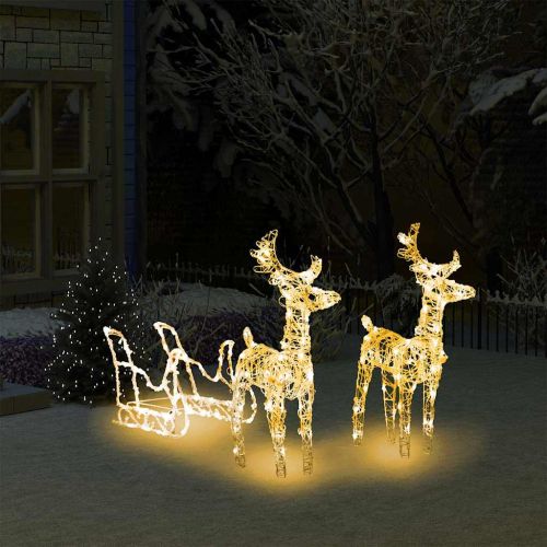 Коледна украса елени с шейна, 160 LED, 130 см, акрил