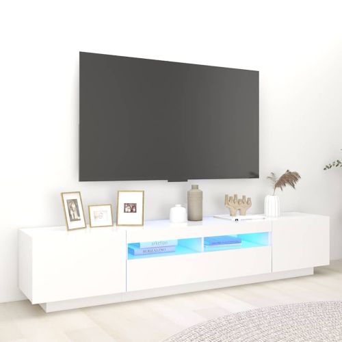 ТВ шкаф с LED осветление, бял, 200x35x40 см