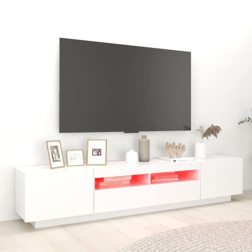 ТВ шкаф с LED осветление, бял, 200x35x40 см