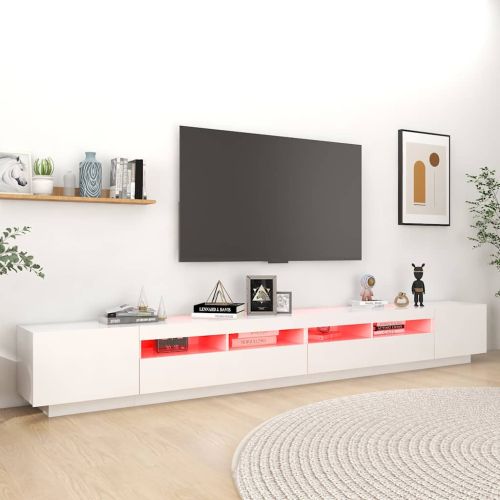 ТВ шкаф с LED осветление, бял, 300x35x40 см