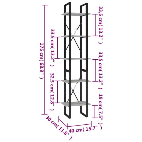 5-етажна библиотека бетонно сива 40x30x175 см инженерно дърво