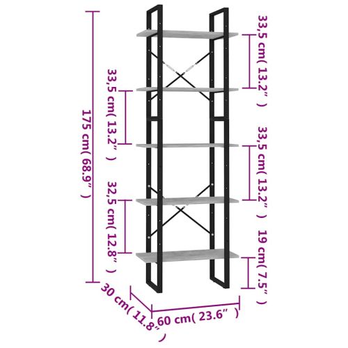 5-етажна библиотека бетонно сива 60x30x175 см инженерно дърво