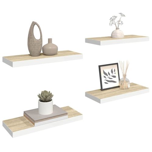Окачени стенни рафтове, 4 бр, дъб и бял, 60x23,5x3,8 см, МДФ