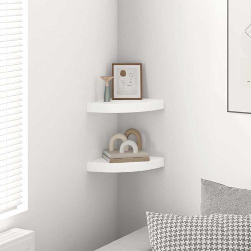 Плаващи ъглови рафтове, 2 бр., бяло, гланц, 25x25x3,8 см, MDF