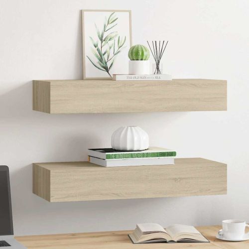 Стенни рафтове с чекмеджета, 2 бр, дъб, 60x23,5x10 см, МДФ