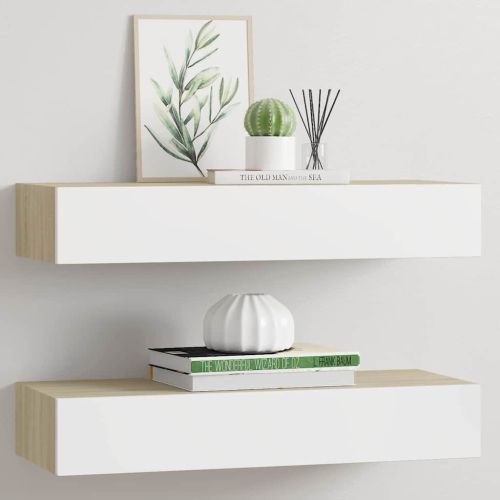 Стенни рафтове за чекмеджета, 2 бр., дъб и бяло, 60x23,5x10 см, MDF