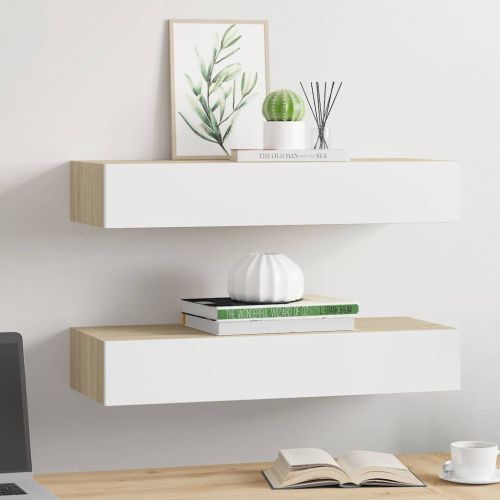 Стенни рафтове за чекмеджета, 2 бр., дъб и бяло, 60x23,5x10 см, MDF