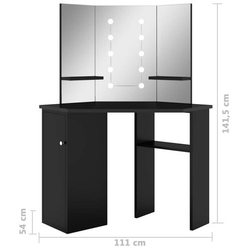 Ъглова тоалетка с LED, черна, 111x54x141,5 см