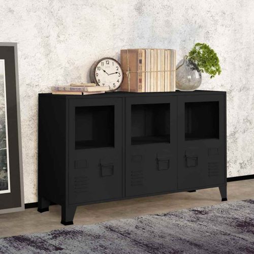 Индустриален бюфет черен 105x35x62 см метал и стъкло