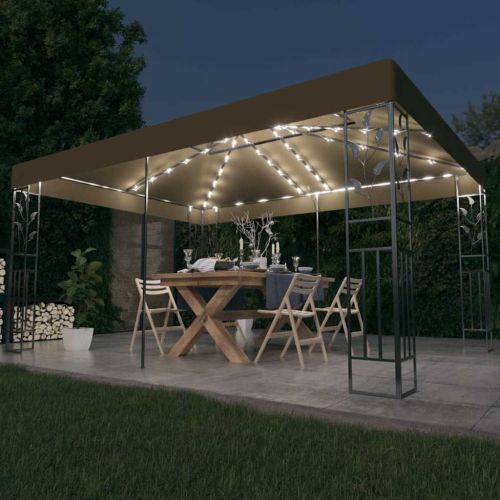 Шатра с двоен покрив и LED светещи стрингове, 3x4 м, таупе