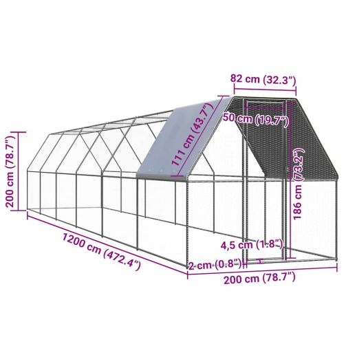 Птичарник на открито, 2x12x2 м, поцинкована стомана