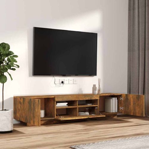 Комплект ТВ шкафове от 2 части с LED опушен дъб инженерно дърво