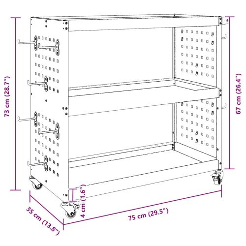 Карача за инструменти с рафт с колело Бяло 75 x 35 x 73 см