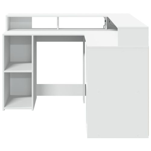 Бюро с LED осветление, бяло, 130x130x91 см, инженерно дърво