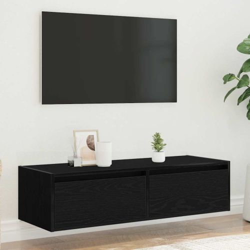 ТВ шкаф с LED осветление, Черен дъб, 100X35,5x25 см