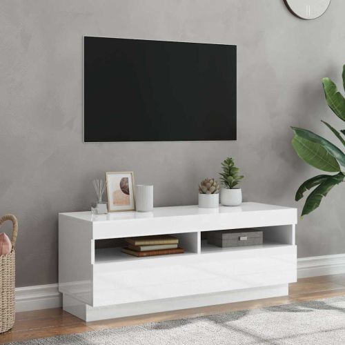 ТВ шкаф с LED осветление, бял гланц, 100x35x40 см
