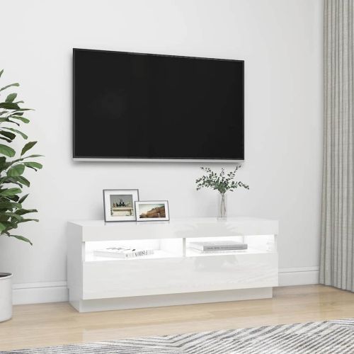 ТВ шкаф с LED осветление, бял гланц, 100x35x40 см