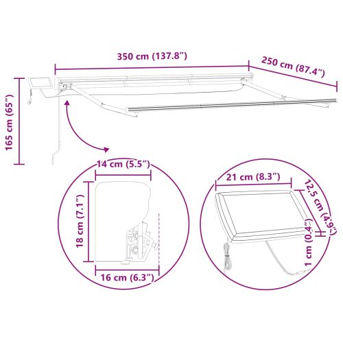 Manual Awning Frame with Solar LED 3,5 x 2,5 m Бяло
