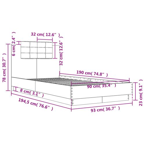 Рамка за легло с табла, бетонно сива, 90x190 см инженерно дърво