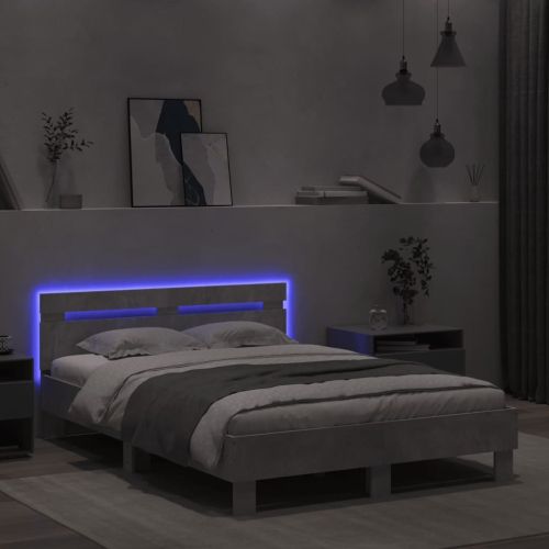 Рамка за легло с табла и LED, бетонно сива, 120x190 см