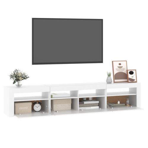 ТВ шкаф с LED осветление, бял, 210x35x40 см