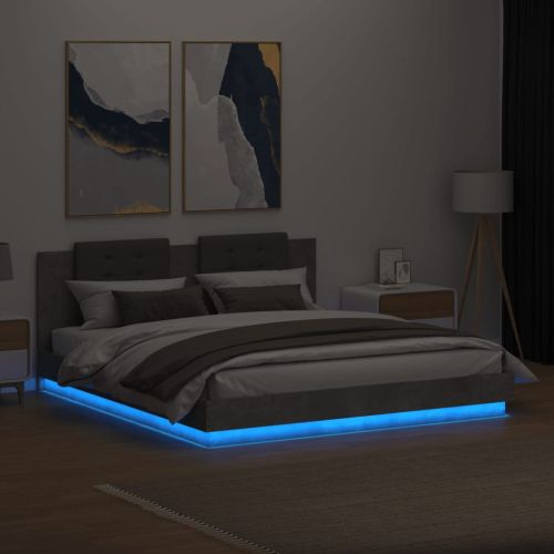Рамка за легло с табла и LED осветление бетонно сив 200x200 см