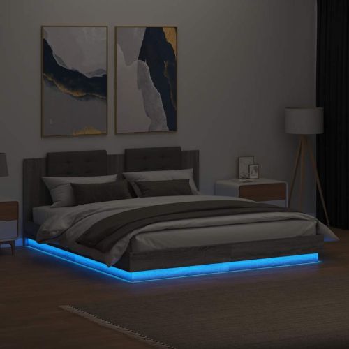 Рамка за легло с табла и LED осветление, сив сонома, 160x200 см