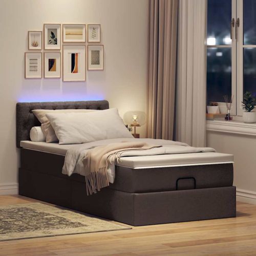 Османска легло с матрак и LED, тъмнокафяво, 90x190 см, плат