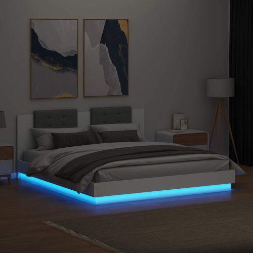 Рамка за легло с табла и LED осветление, бяла, 160x200 см