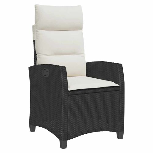 Градински стол с разтегателен механизъм и странична маса, черен, полиратан