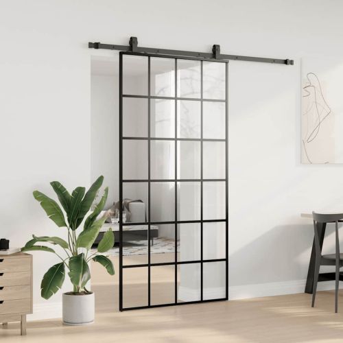 Плъзгаща се врата с механизъм черна 102x205 см ESG стъкло